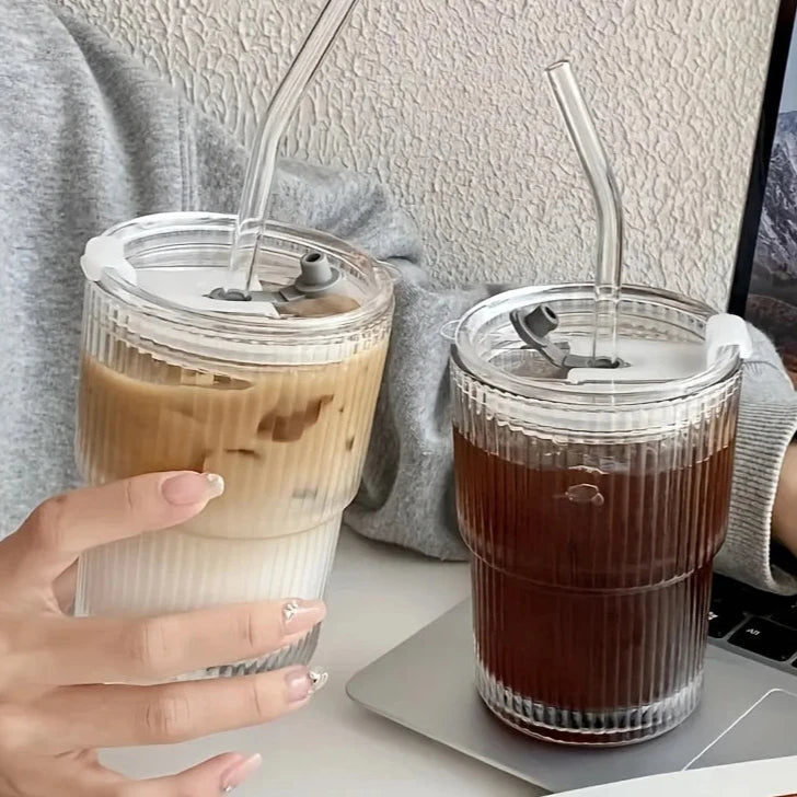 Stripe Glass Cup With Lid And Straw