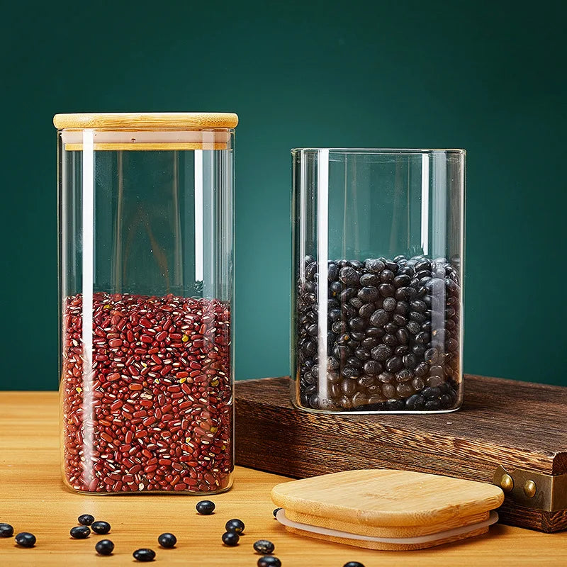 Square Glass Storage Jars With Bamboo Lids