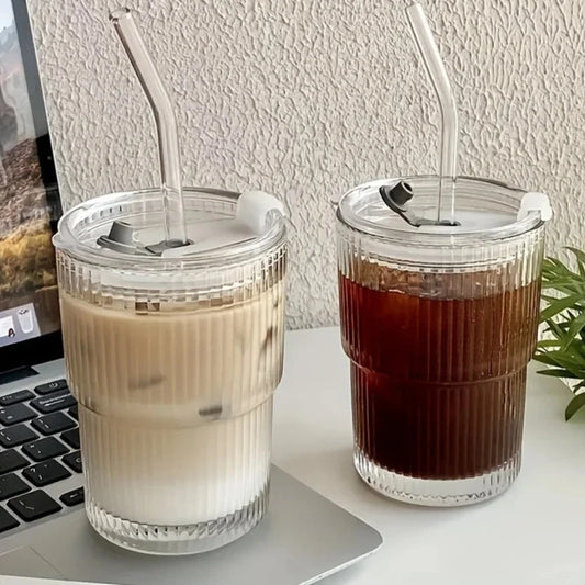 Stripe Glass Cup With Lid And Straw