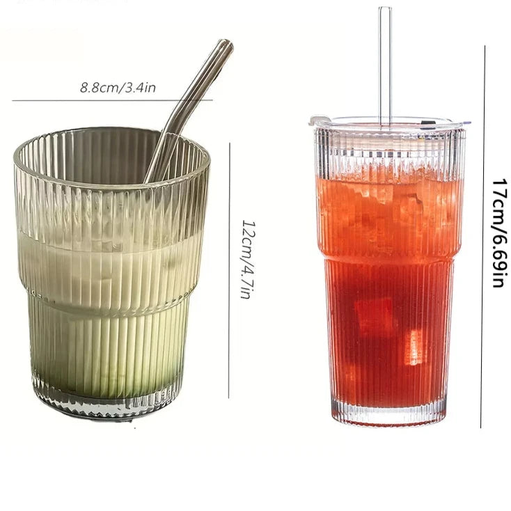 Stripe Glass Cup With Lid And Straw